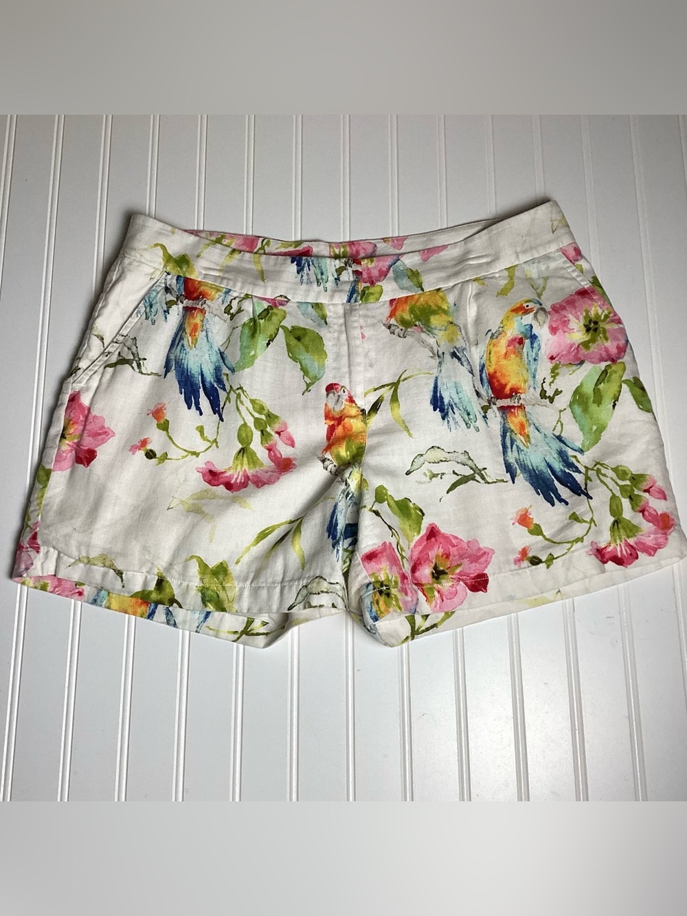 Tommy Bahama White Linen Shorts with Colorful Parrot & Floral Print